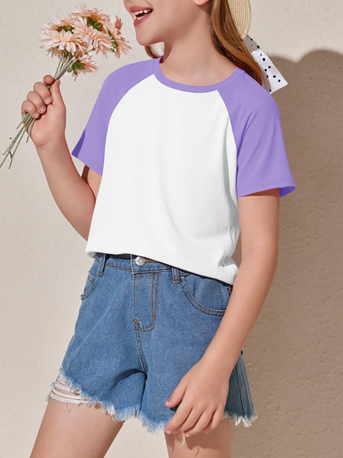 imageImily Bela Kids Girls T Shirts Casual Raglan Short Sleeve Crewneck Color Block Summer Tees 514 YearsLight Purple