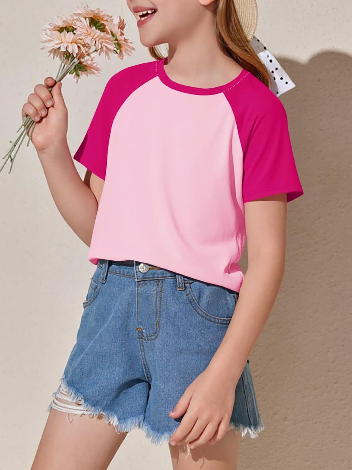 imageImily Bela Kids Girls T Shirts Casual Raglan Short Sleeve Crewneck Color Block Summer Tees 514 YearsRose Red