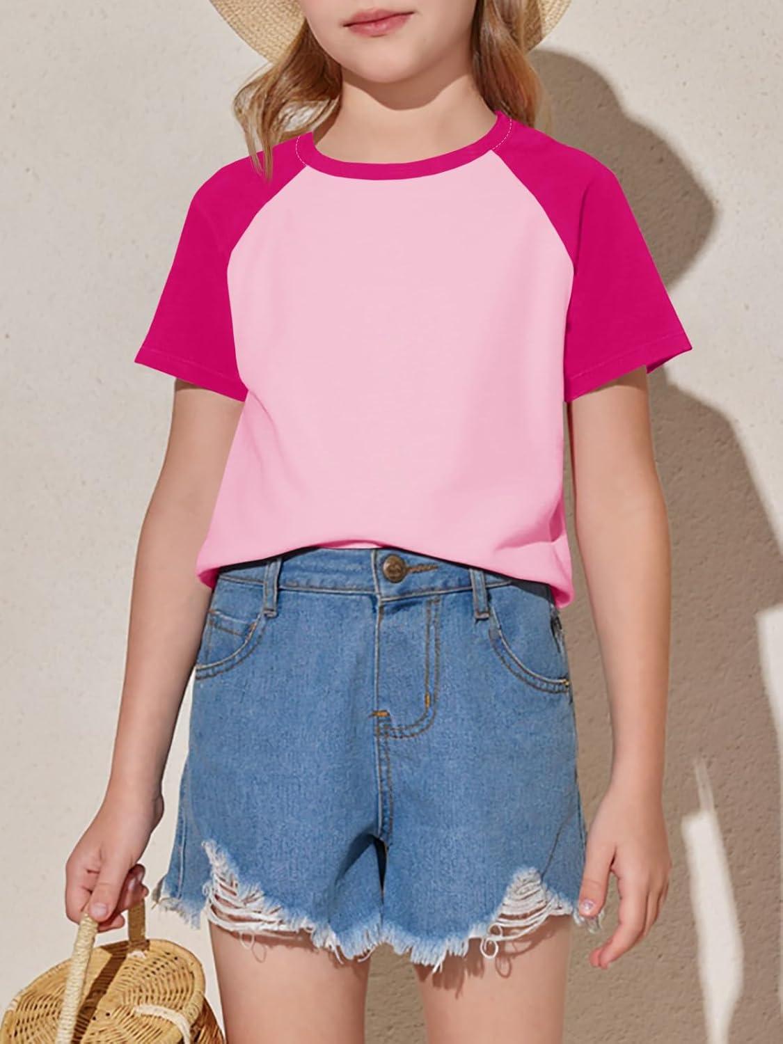 imageImily Bela Kids Girls T Shirts Casual Raglan Short Sleeve Crewneck Color Block Summer Tees 514 YearsRose Red