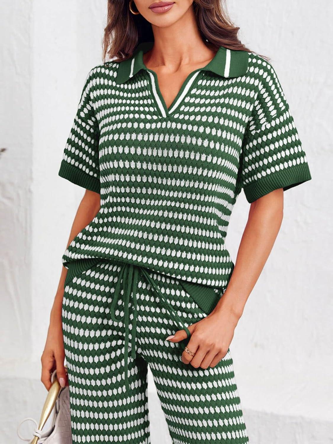 imageImily Bela Womens 2 Piece Outfits Striped Short Sleeve Sweater Tops Knit Sets Wide Leg Pants Lounge SetArmy Green