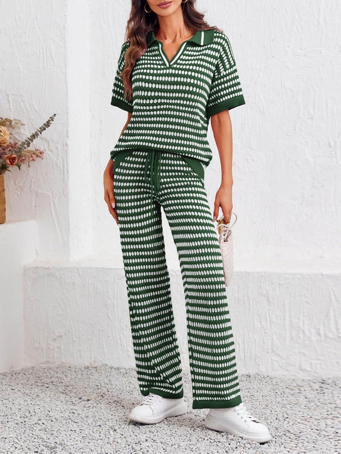 imageImily Bela Womens 2 Piece Outfits Striped Short Sleeve Sweater Tops Knit Sets Wide Leg Pants Lounge SetArmy Green