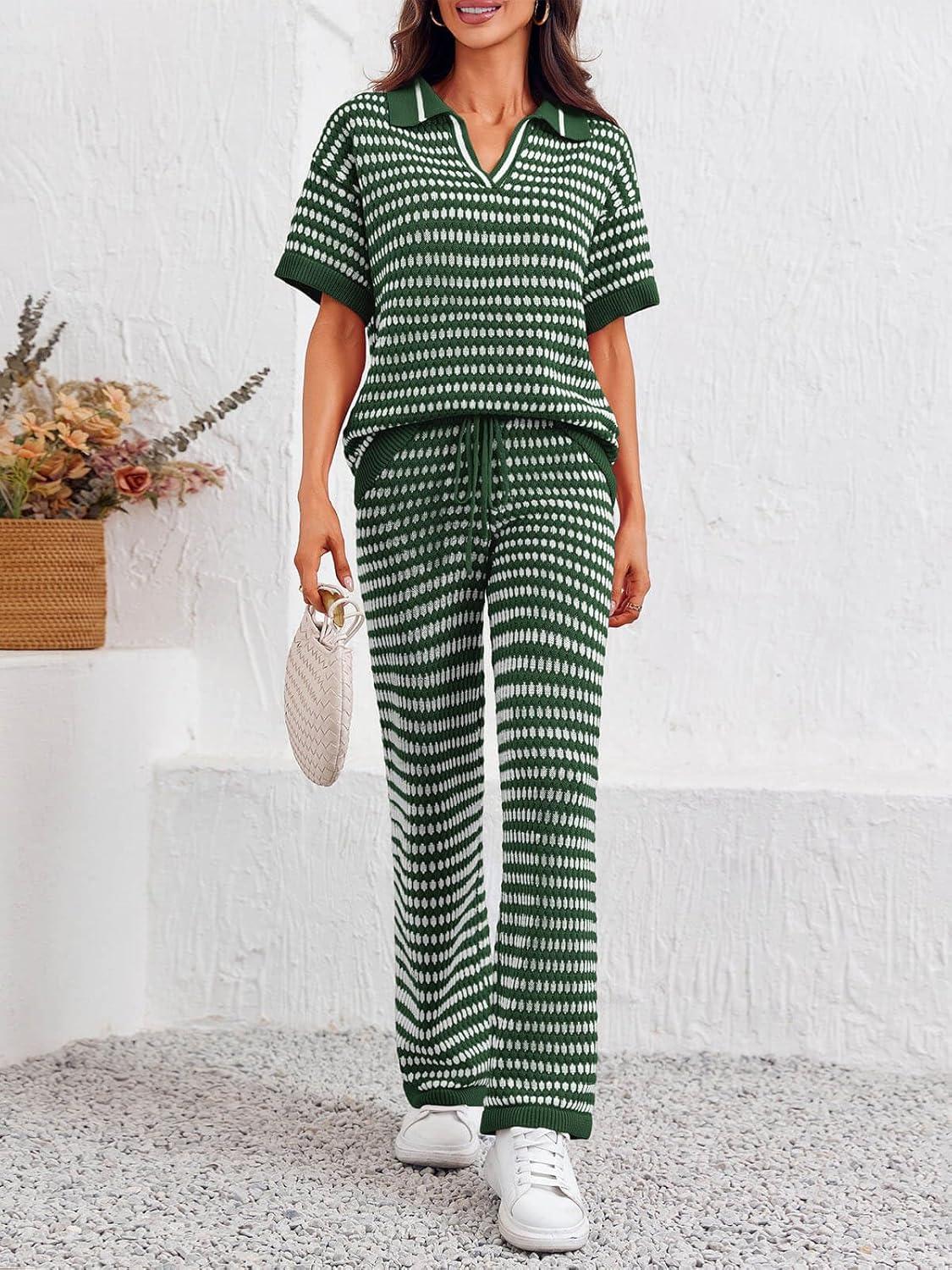 imageImily Bela Womens 2 Piece Outfits Striped Short Sleeve Sweater Tops Knit Sets Wide Leg Pants Lounge SetArmy Green
