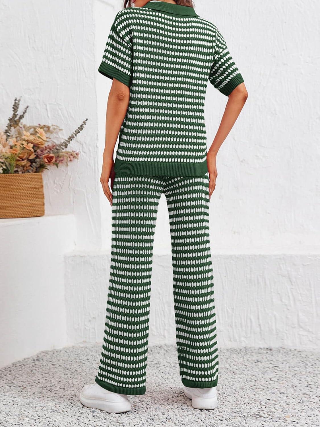 imageImily Bela Womens 2 Piece Outfits Striped Short Sleeve Sweater Tops Knit Sets Wide Leg Pants Lounge SetArmy Green