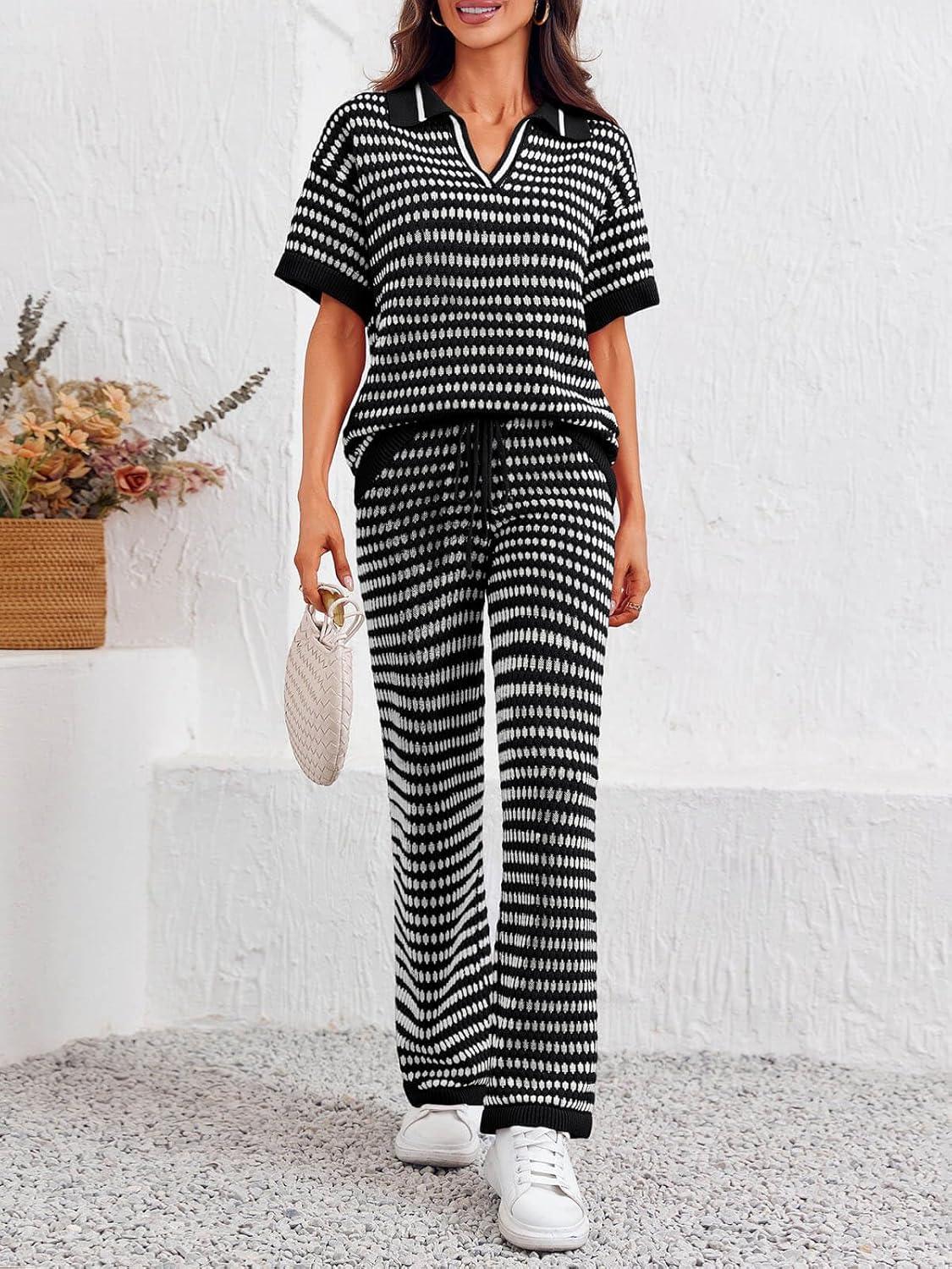 imageImily Bela Womens 2 Piece Outfits Striped Short Sleeve Sweater Tops Knit Sets Wide Leg Pants Lounge SetBlack