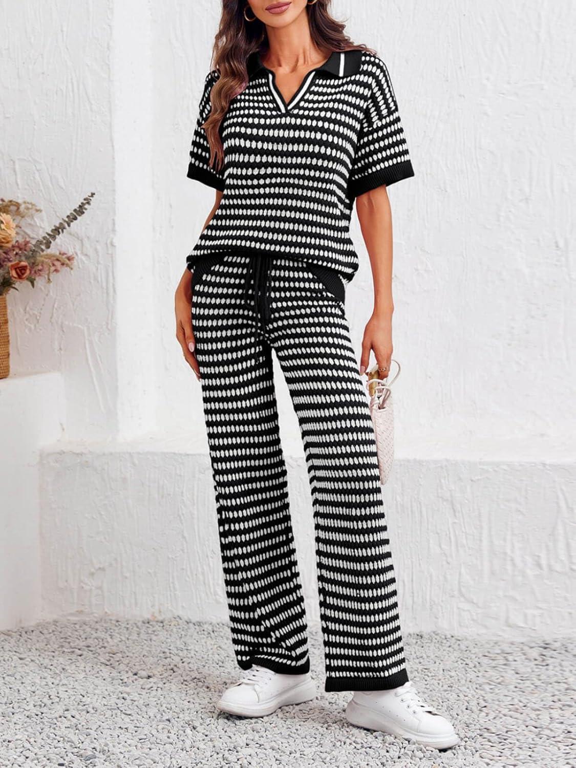 imageImily Bela Womens 2 Piece Outfits Striped Short Sleeve Sweater Tops Knit Sets Wide Leg Pants Lounge SetBlack