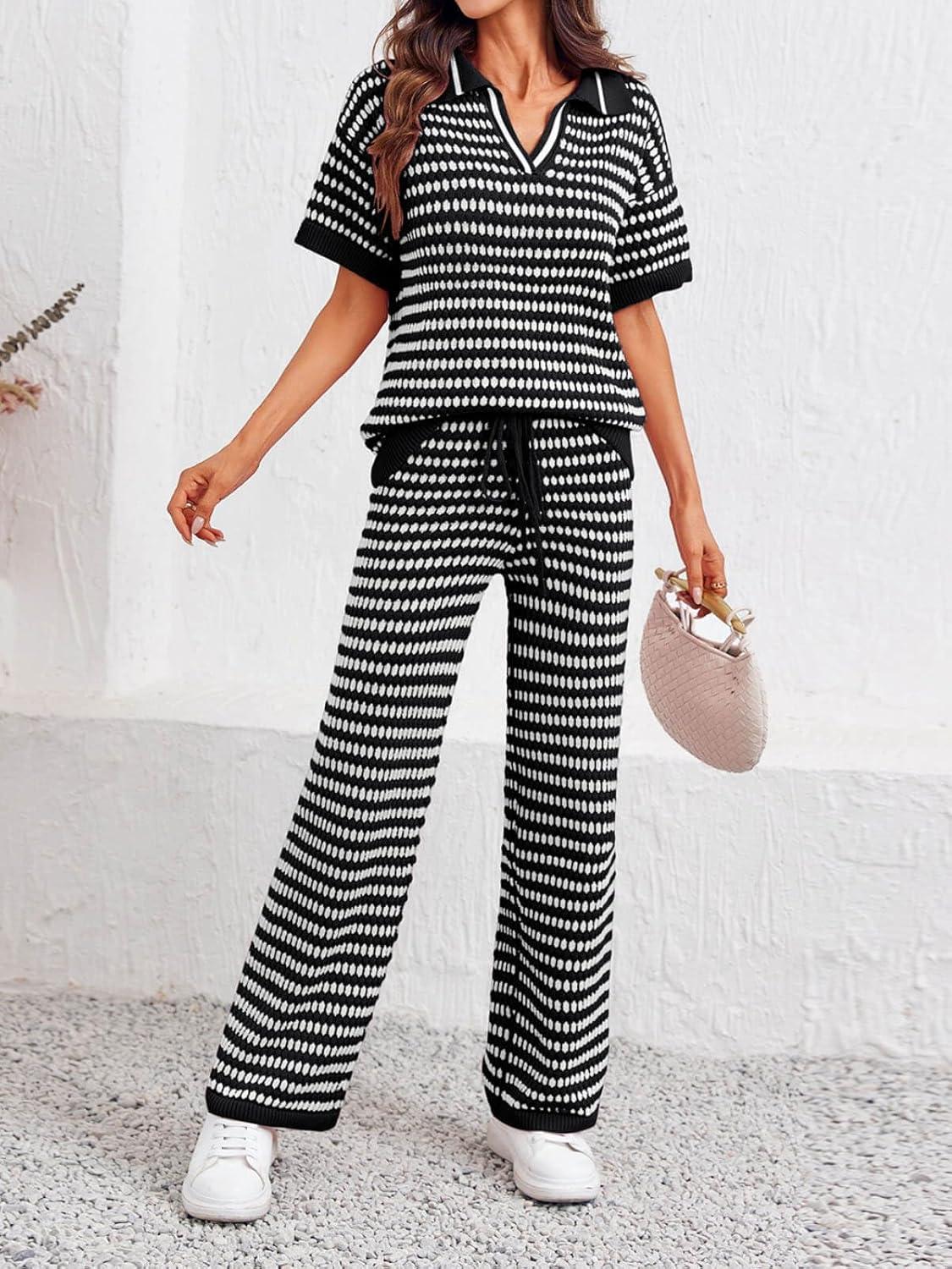 imageImily Bela Womens 2 Piece Outfits Striped Short Sleeve Sweater Tops Knit Sets Wide Leg Pants Lounge SetBlack
