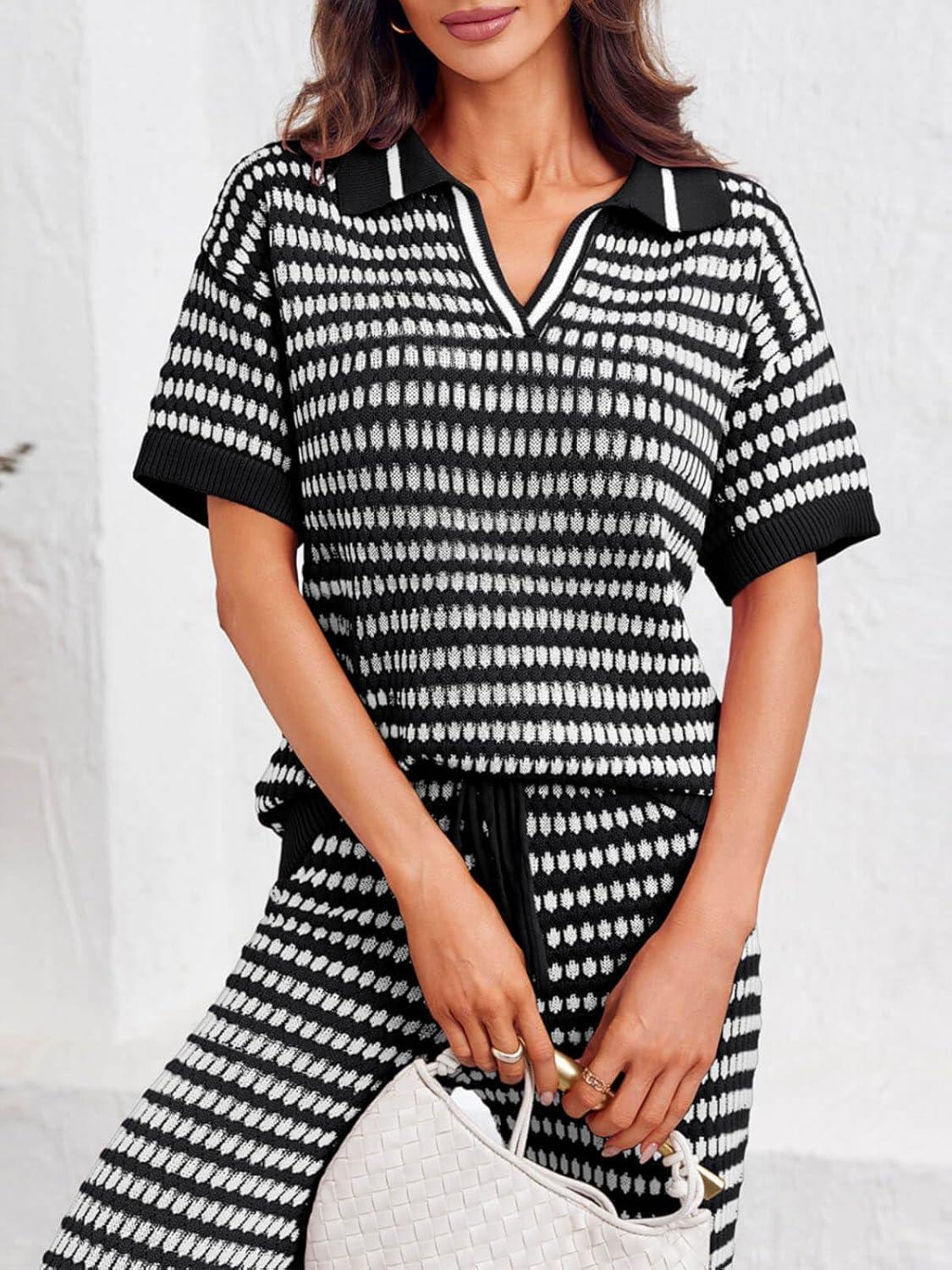 imageImily Bela Womens 2 Piece Outfits Striped Short Sleeve Sweater Tops Knit Sets Wide Leg Pants Lounge SetBlack