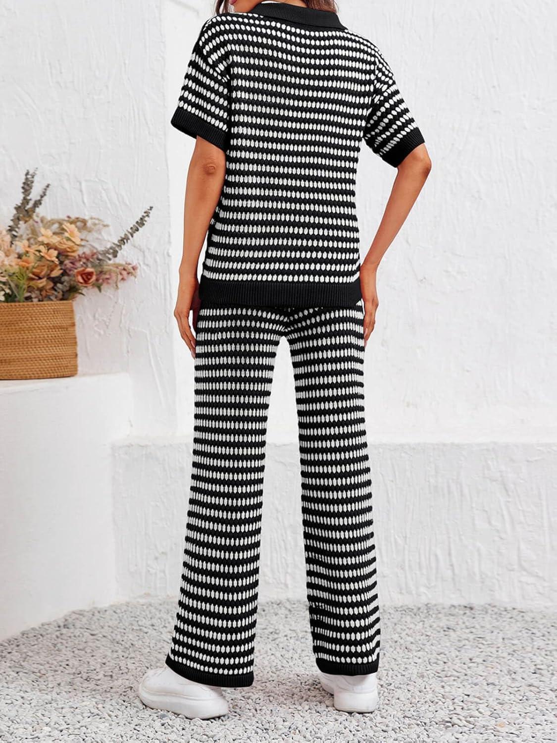 imageImily Bela Womens 2 Piece Outfits Striped Short Sleeve Sweater Tops Knit Sets Wide Leg Pants Lounge SetBlack