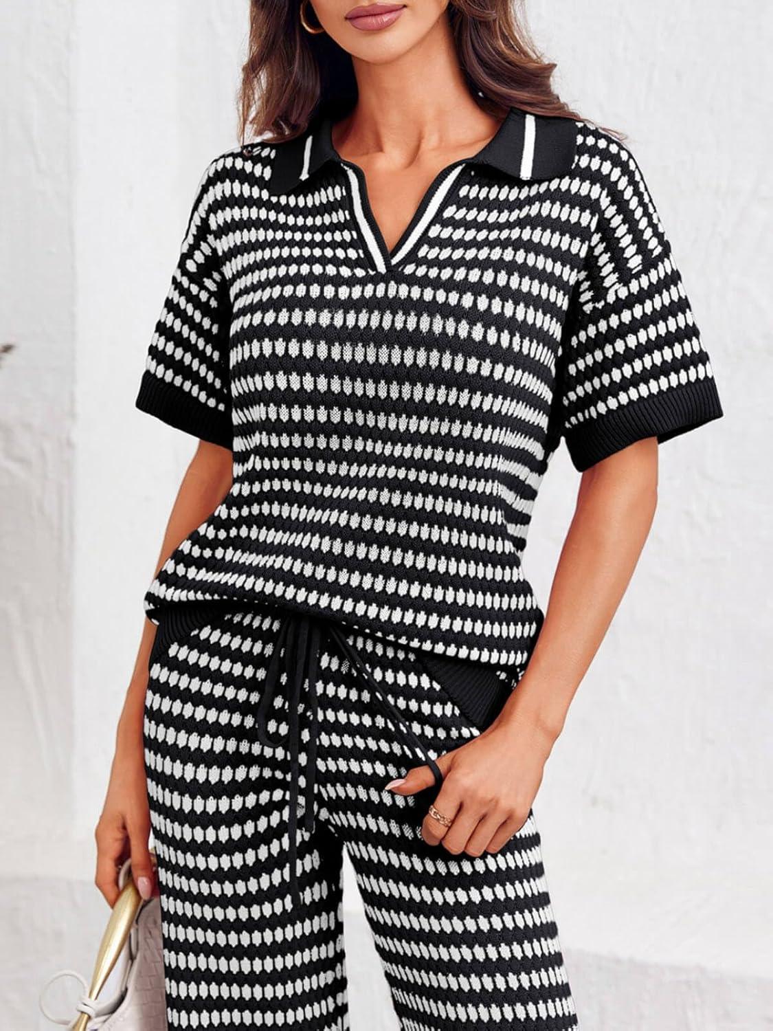 imageImily Bela Womens 2 Piece Outfits Striped Short Sleeve Sweater Tops Knit Sets Wide Leg Pants Lounge SetBlack