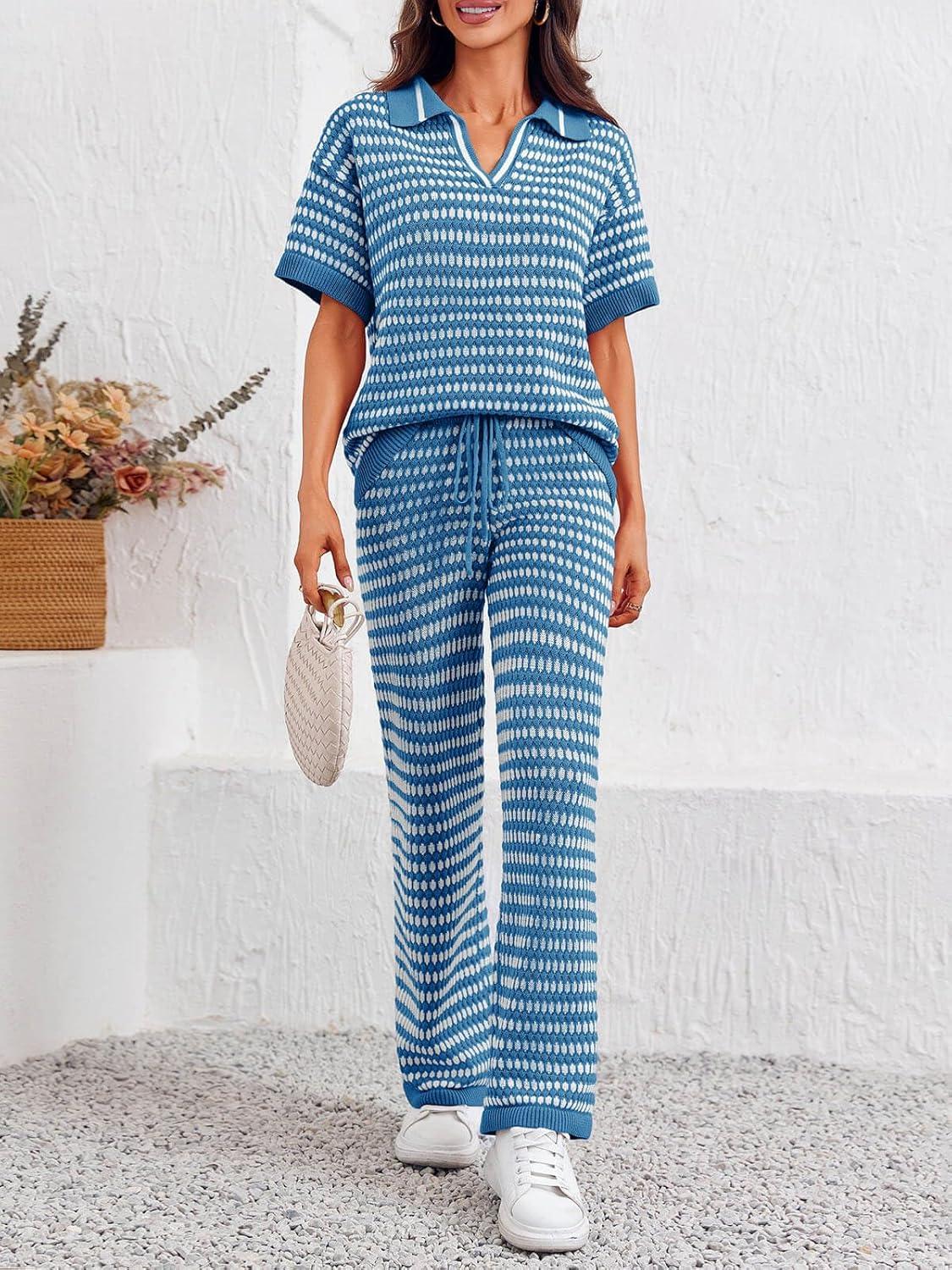 imageImily Bela Womens 2 Piece Outfits Striped Short Sleeve Sweater Tops Knit Sets Wide Leg Pants Lounge SetBlue