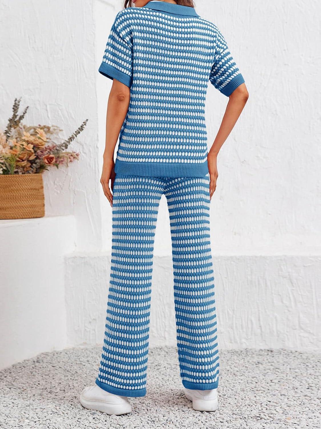 imageImily Bela Womens 2 Piece Outfits Striped Short Sleeve Sweater Tops Knit Sets Wide Leg Pants Lounge SetBlue