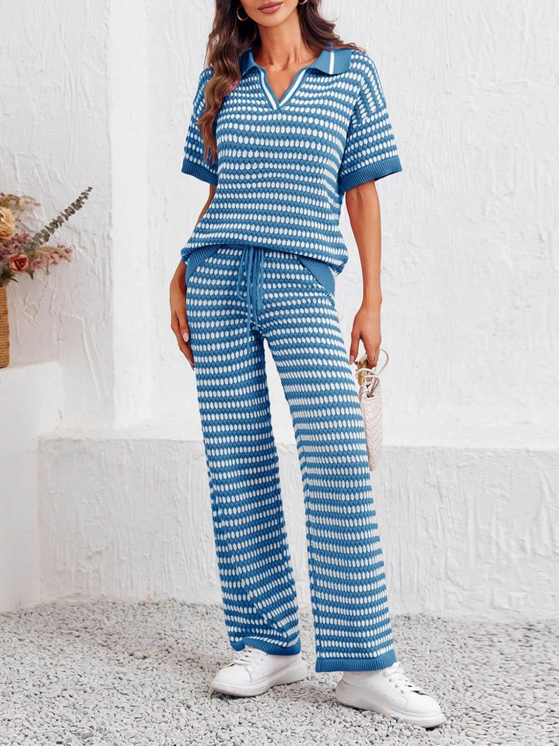 imageImily Bela Womens 2 Piece Outfits Striped Short Sleeve Sweater Tops Knit Sets Wide Leg Pants Lounge SetBlue