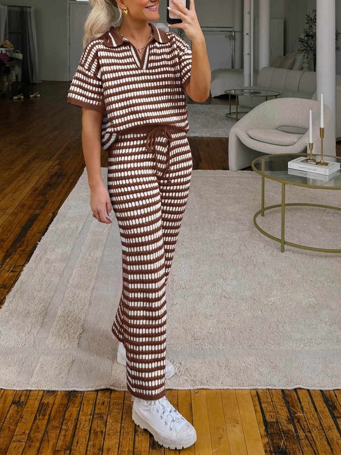 imageImily Bela Womens 2 Piece Outfits Striped Short Sleeve Sweater Tops Knit Sets Wide Leg Pants Lounge SetCoffee