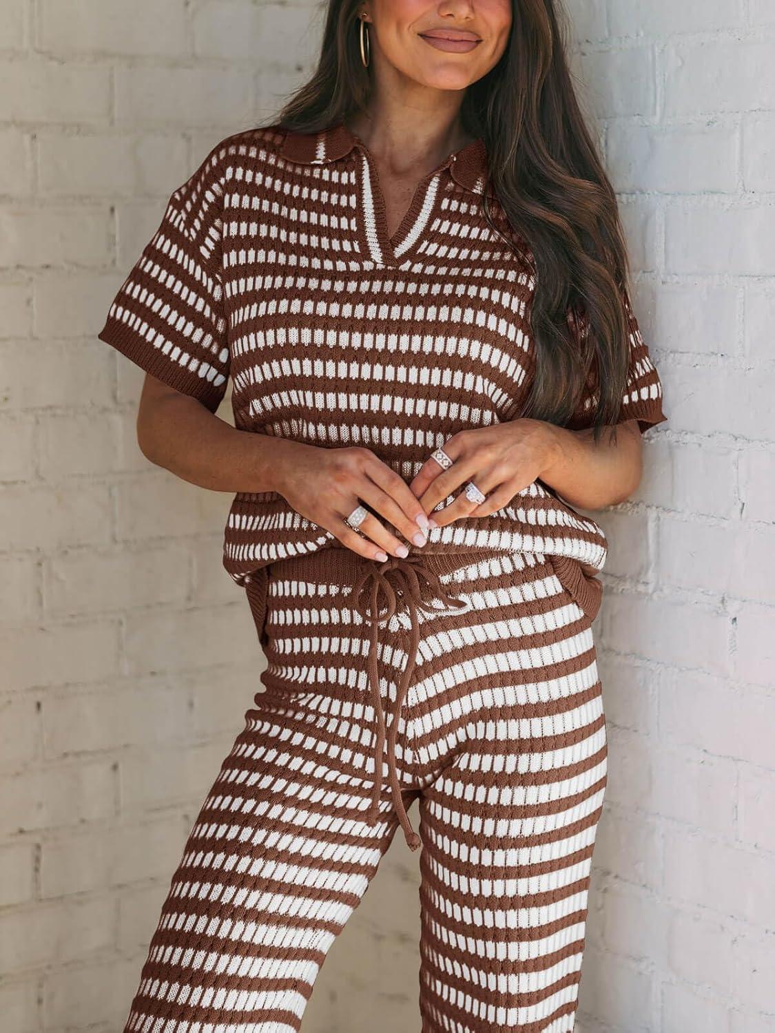 imageImily Bela Womens 2 Piece Outfits Striped Short Sleeve Sweater Tops Knit Sets Wide Leg Pants Lounge SetCoffee