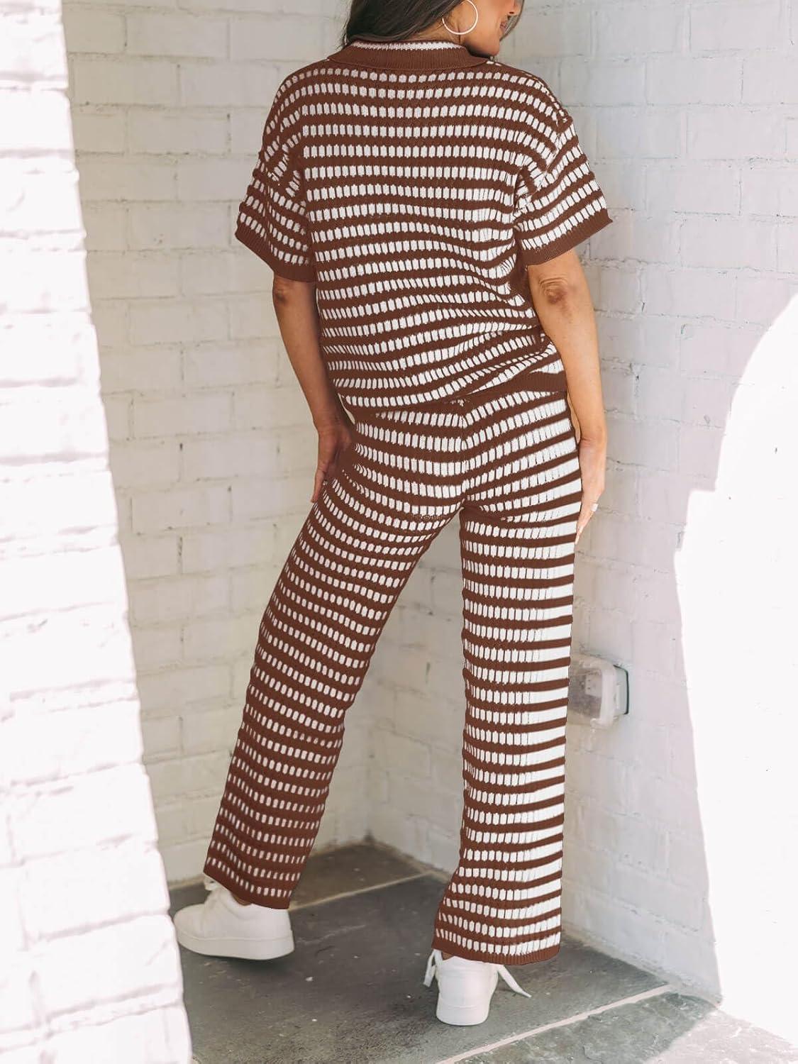 imageImily Bela Womens 2 Piece Outfits Striped Short Sleeve Sweater Tops Knit Sets Wide Leg Pants Lounge SetCoffee