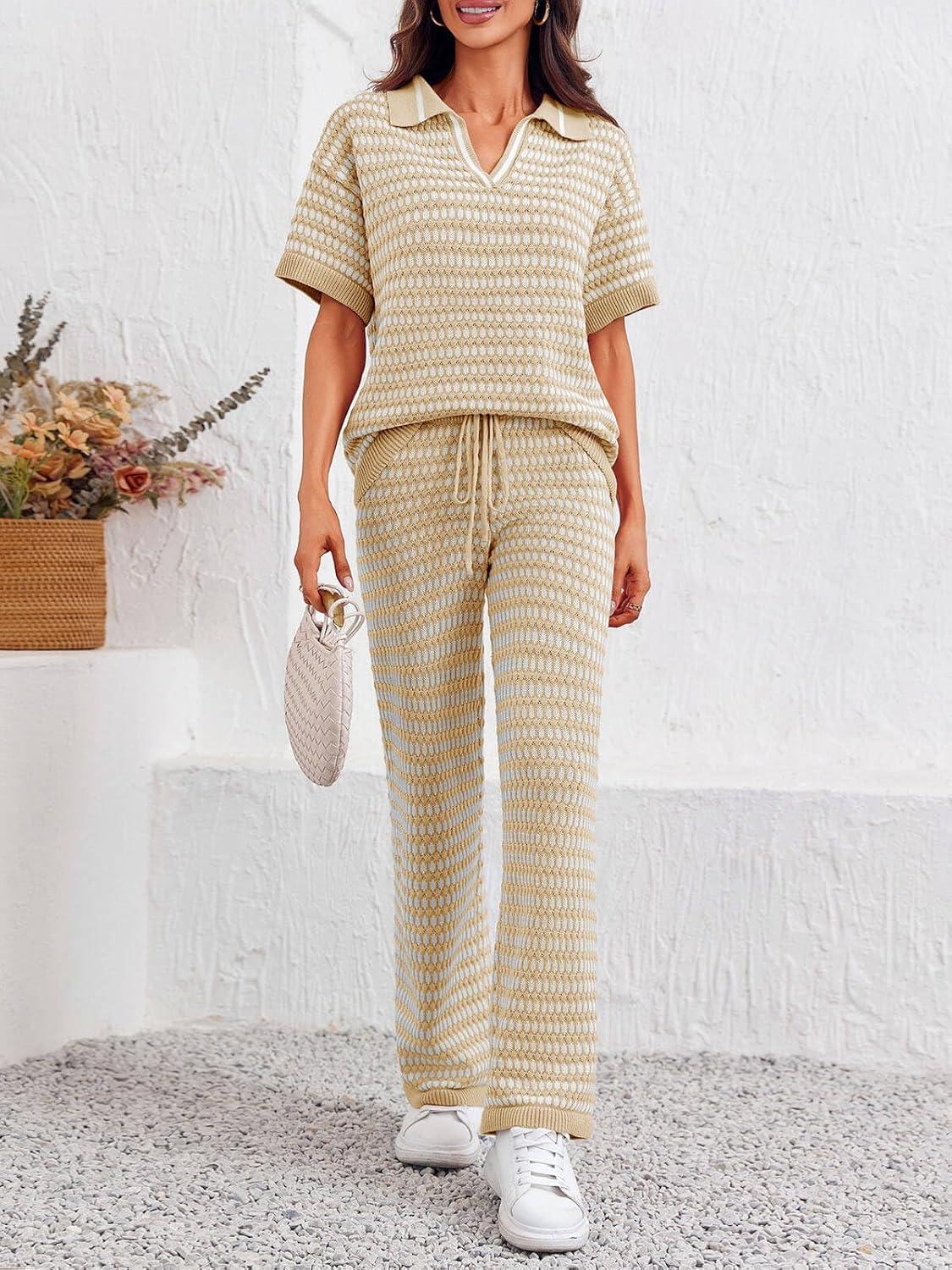 imageImily Bela Womens 2 Piece Outfits Striped Short Sleeve Sweater Tops Knit Sets Wide Leg Pants Lounge SetKhaki