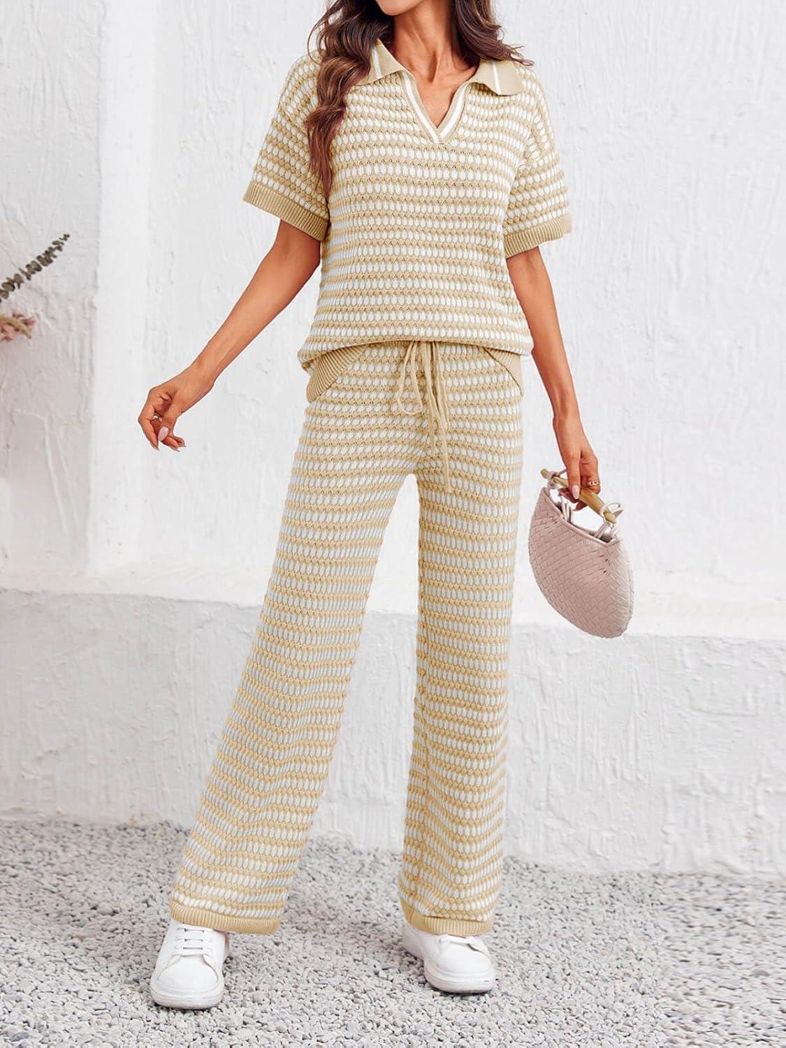 imageImily Bela Womens 2 Piece Outfits Striped Short Sleeve Sweater Tops Knit Sets Wide Leg Pants Lounge SetKhaki