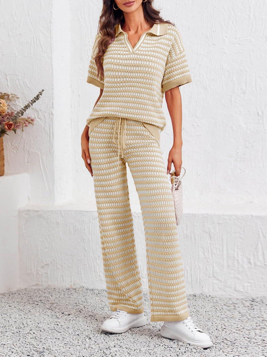 imageImily Bela Womens 2 Piece Outfits Striped Short Sleeve Sweater Tops Knit Sets Wide Leg Pants Lounge SetKhaki