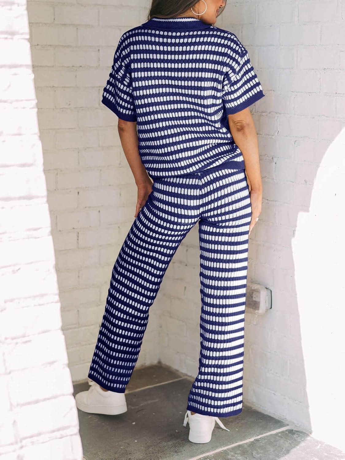 imageImily Bela Womens 2 Piece Outfits Striped Short Sleeve Sweater Tops Knit Sets Wide Leg Pants Lounge SetNavy