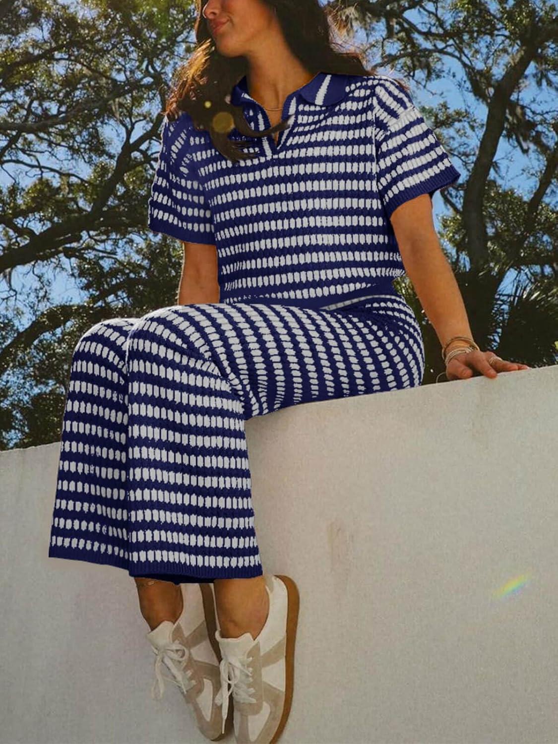 imageImily Bela Womens 2 Piece Outfits Striped Short Sleeve Sweater Tops Knit Sets Wide Leg Pants Lounge SetNavy