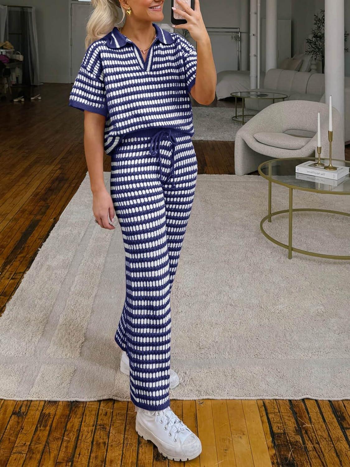 imageImily Bela Womens 2 Piece Outfits Striped Short Sleeve Sweater Tops Knit Sets Wide Leg Pants Lounge SetNavy