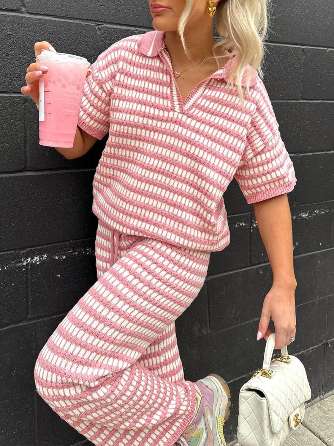 imageImily Bela Womens 2 Piece Outfits Striped Short Sleeve Sweater Tops Knit Sets Wide Leg Pants Lounge SetPink