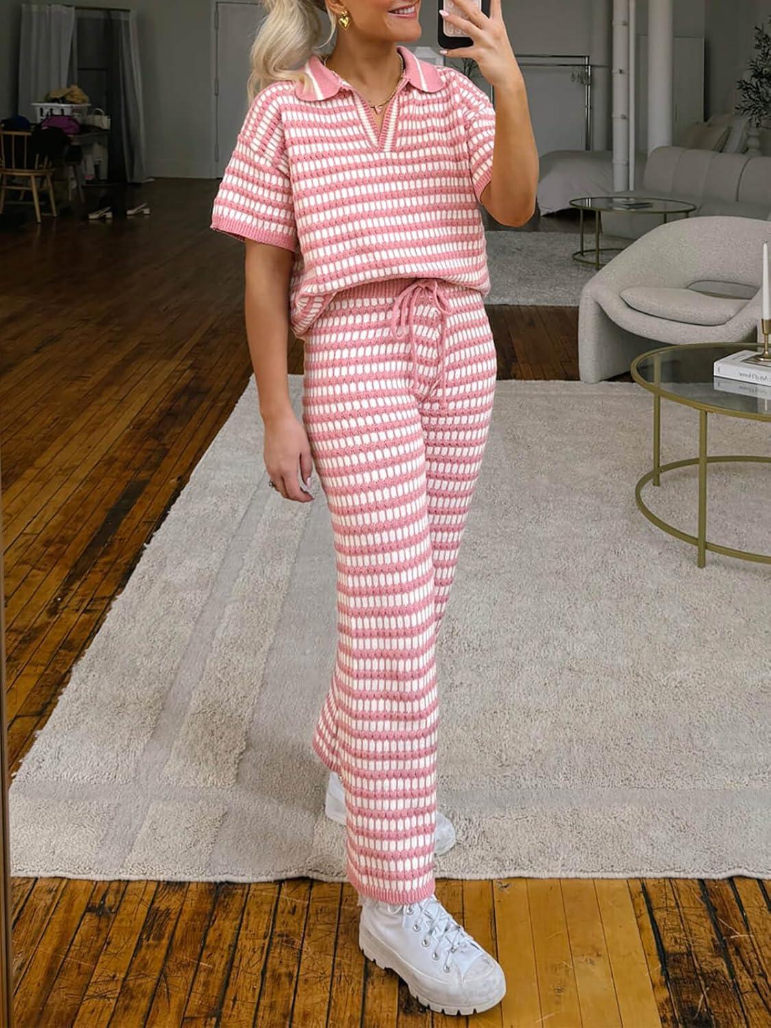 imageImily Bela Womens 2 Piece Outfits Striped Short Sleeve Sweater Tops Knit Sets Wide Leg Pants Lounge SetPink