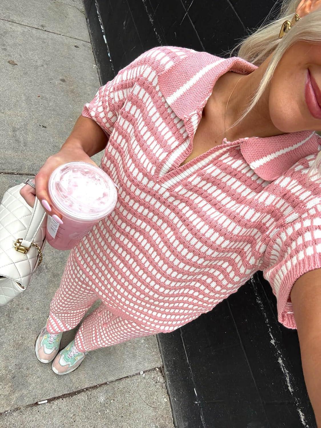 imageImily Bela Womens 2 Piece Outfits Striped Short Sleeve Sweater Tops Knit Sets Wide Leg Pants Lounge SetPink