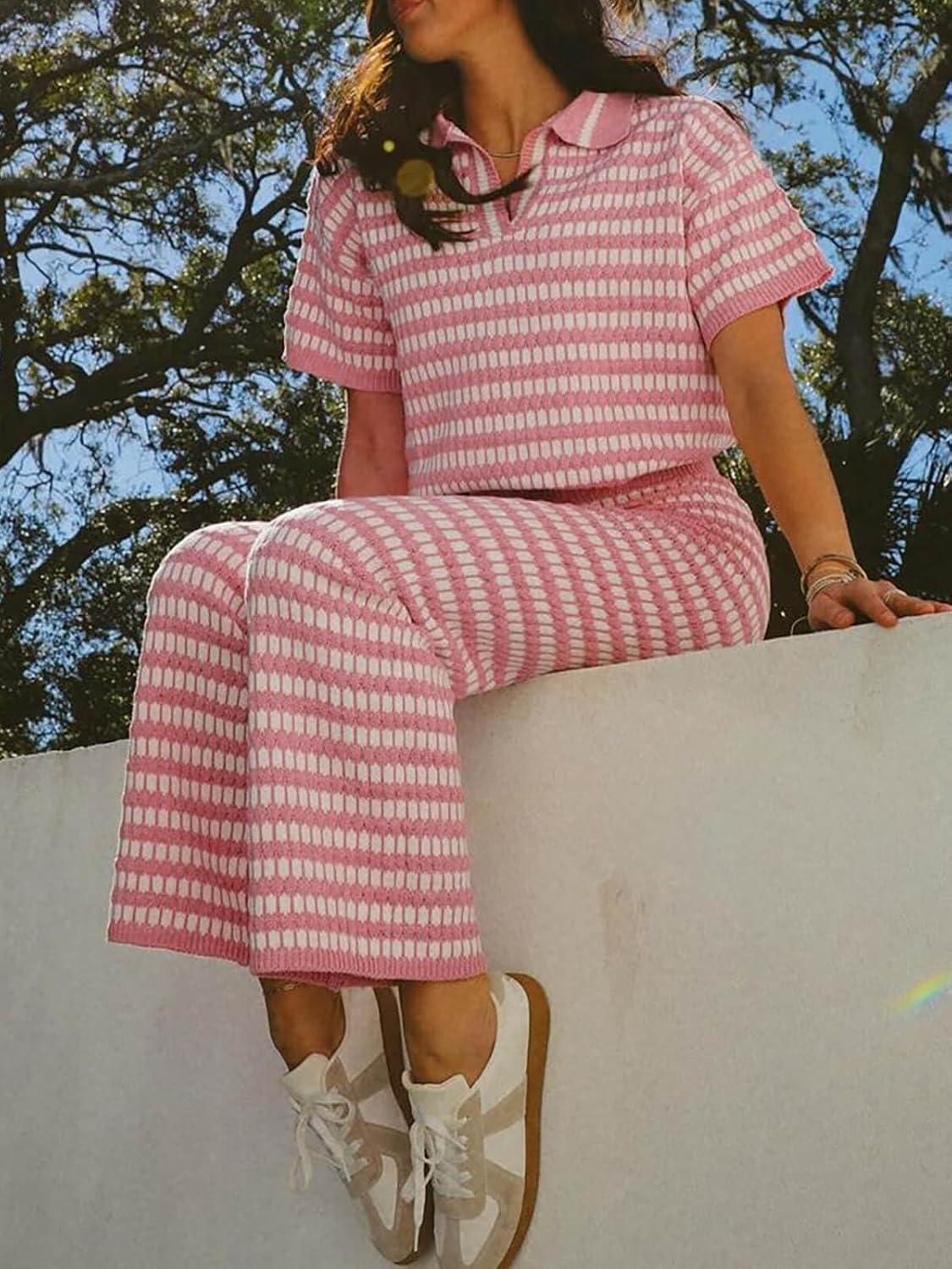 imageImily Bela Womens 2 Piece Outfits Striped Short Sleeve Sweater Tops Knit Sets Wide Leg Pants Lounge SetPink
