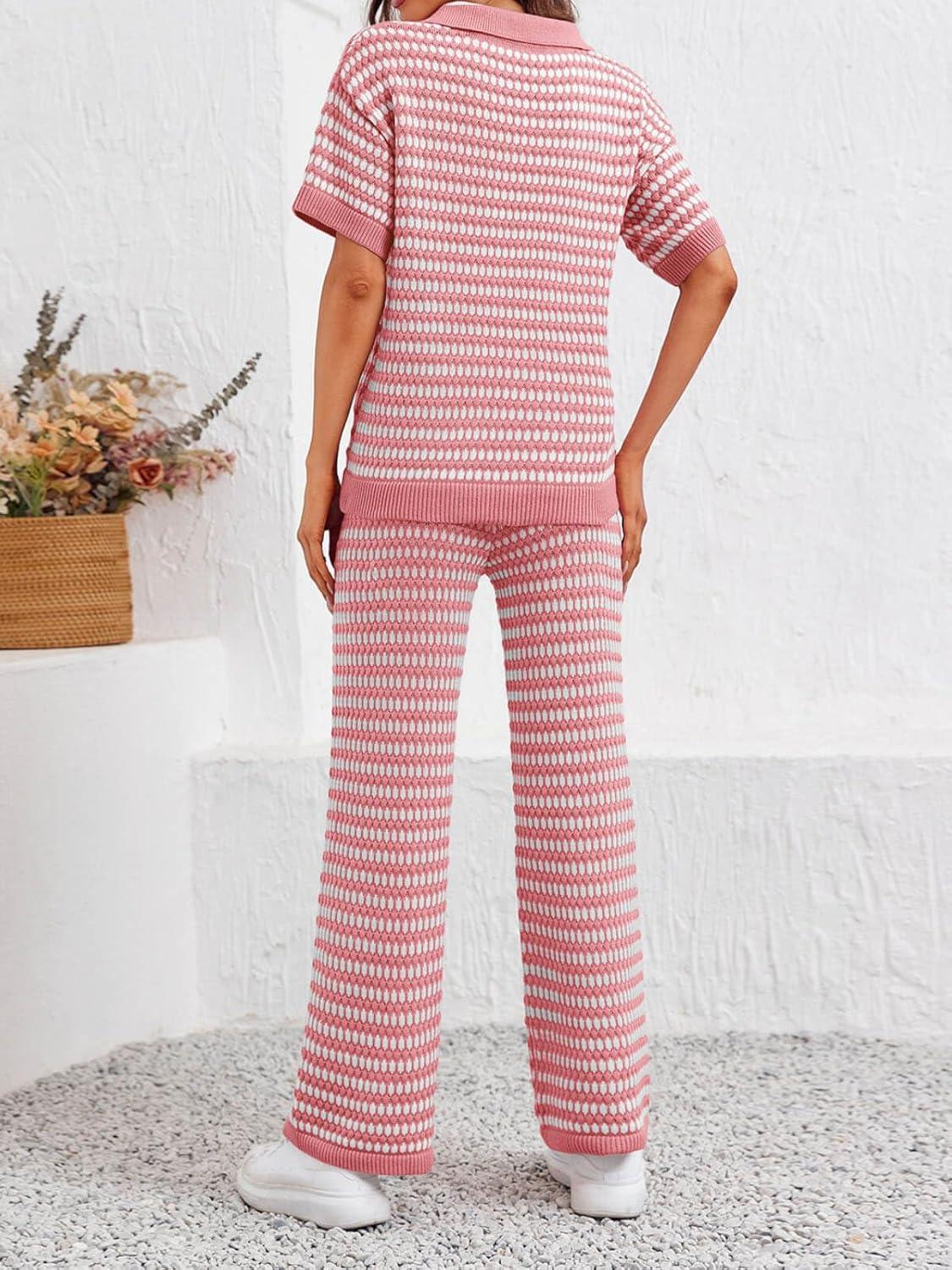 imageImily Bela Womens 2 Piece Outfits Striped Short Sleeve Sweater Tops Knit Sets Wide Leg Pants Lounge SetPink