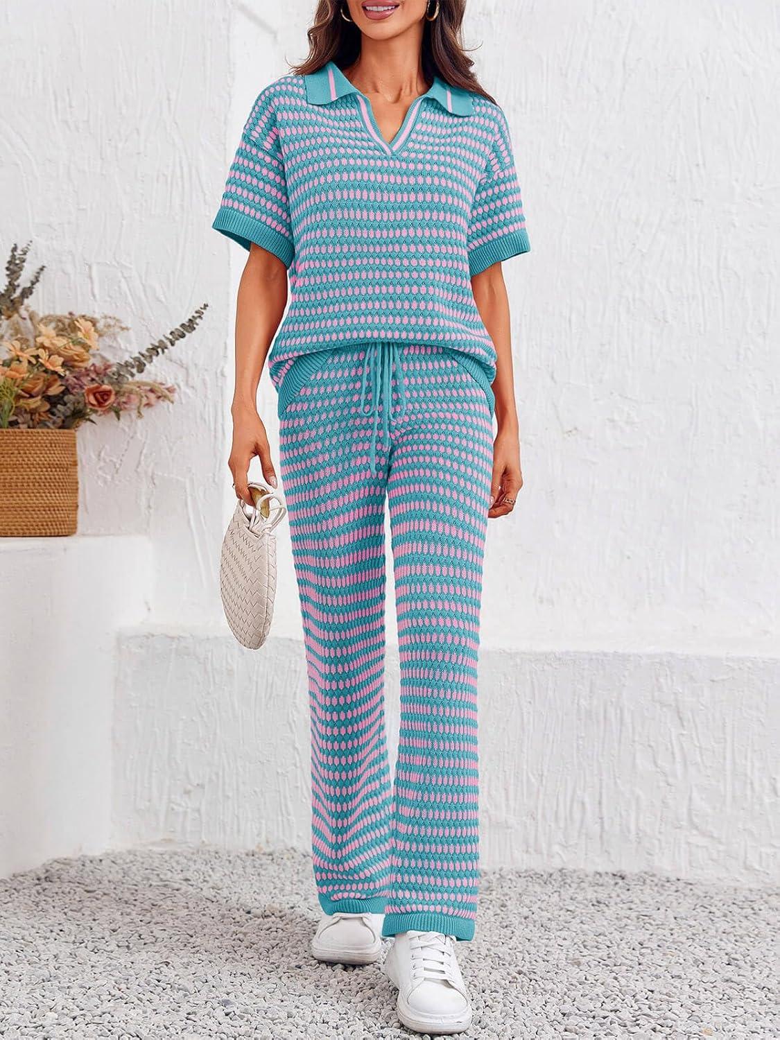 imageImily Bela Womens 2 Piece Outfits Striped Short Sleeve Sweater Tops Knit Sets Wide Leg Pants Lounge SetPink Blue