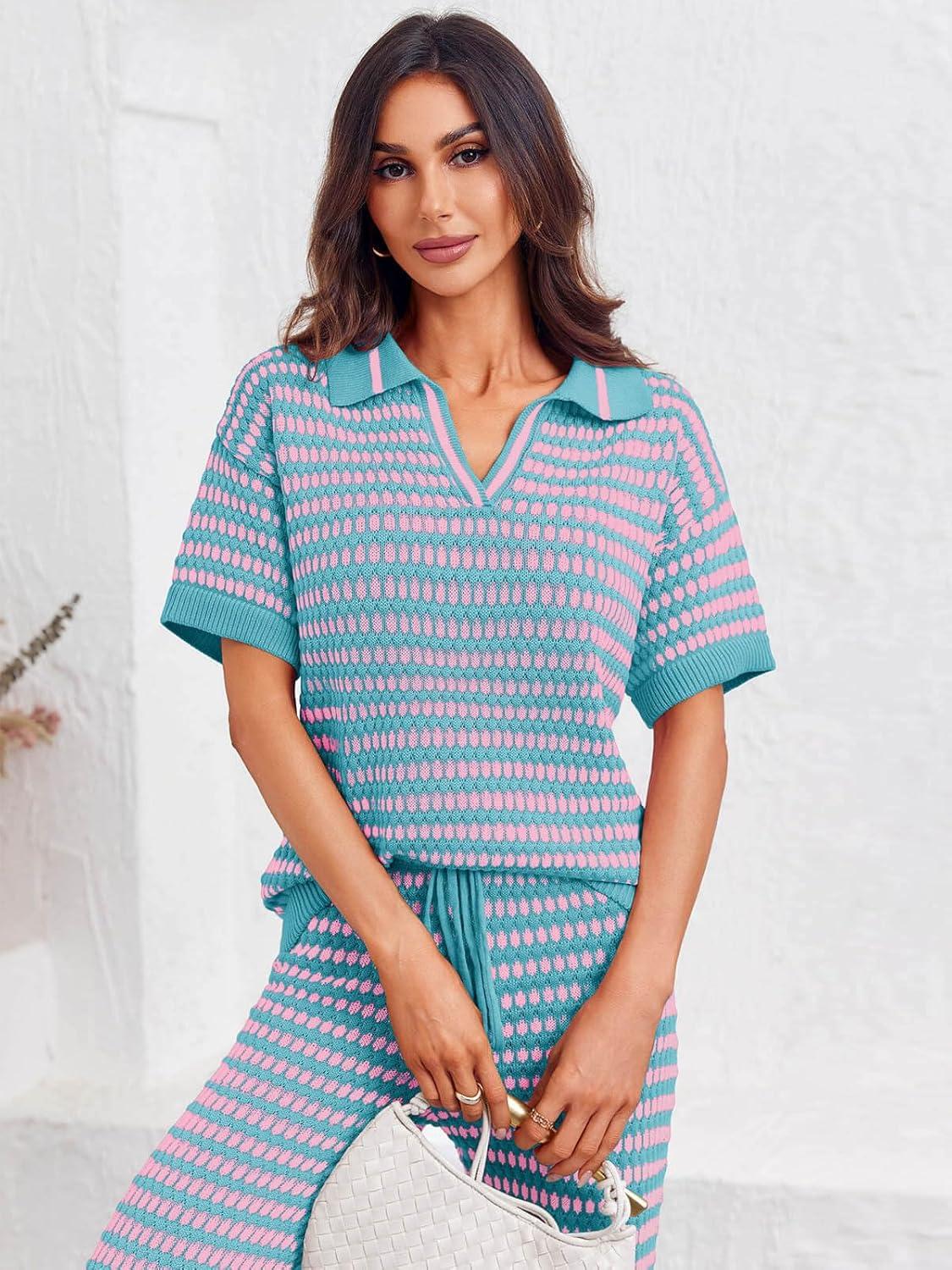 imageImily Bela Womens 2 Piece Outfits Striped Short Sleeve Sweater Tops Knit Sets Wide Leg Pants Lounge SetPink Blue
