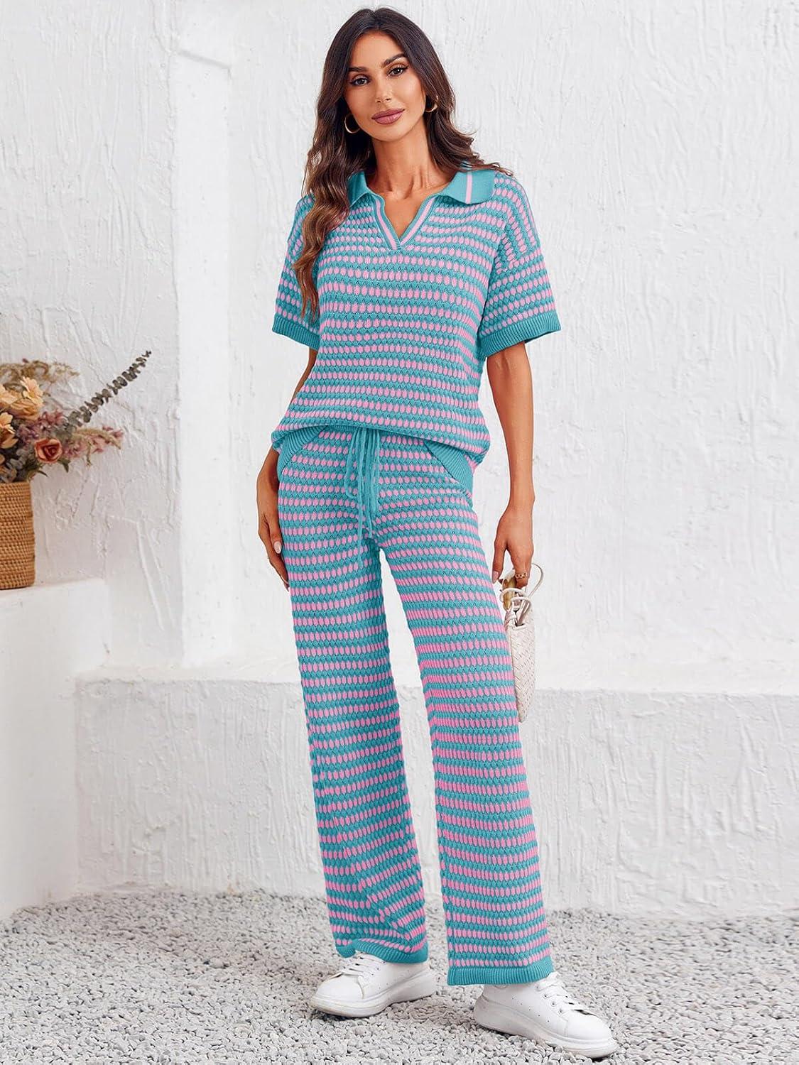 imageImily Bela Womens 2 Piece Outfits Striped Short Sleeve Sweater Tops Knit Sets Wide Leg Pants Lounge SetPink Blue