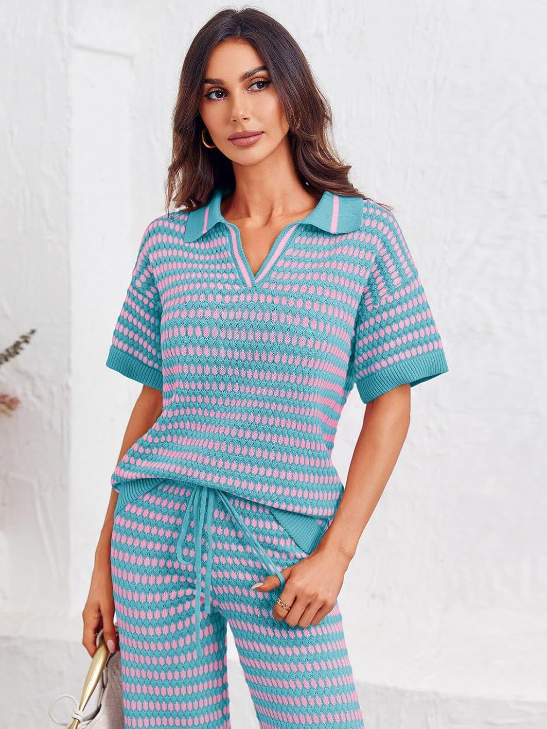 imageImily Bela Womens 2 Piece Outfits Striped Short Sleeve Sweater Tops Knit Sets Wide Leg Pants Lounge SetPink Blue