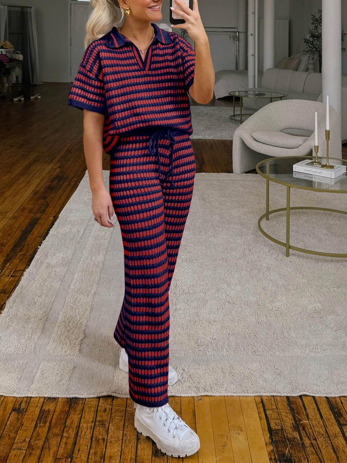 imageImily Bela Womens 2 Piece Outfits Striped Short Sleeve Sweater Tops Knit Sets Wide Leg Pants Lounge SetRed Blue