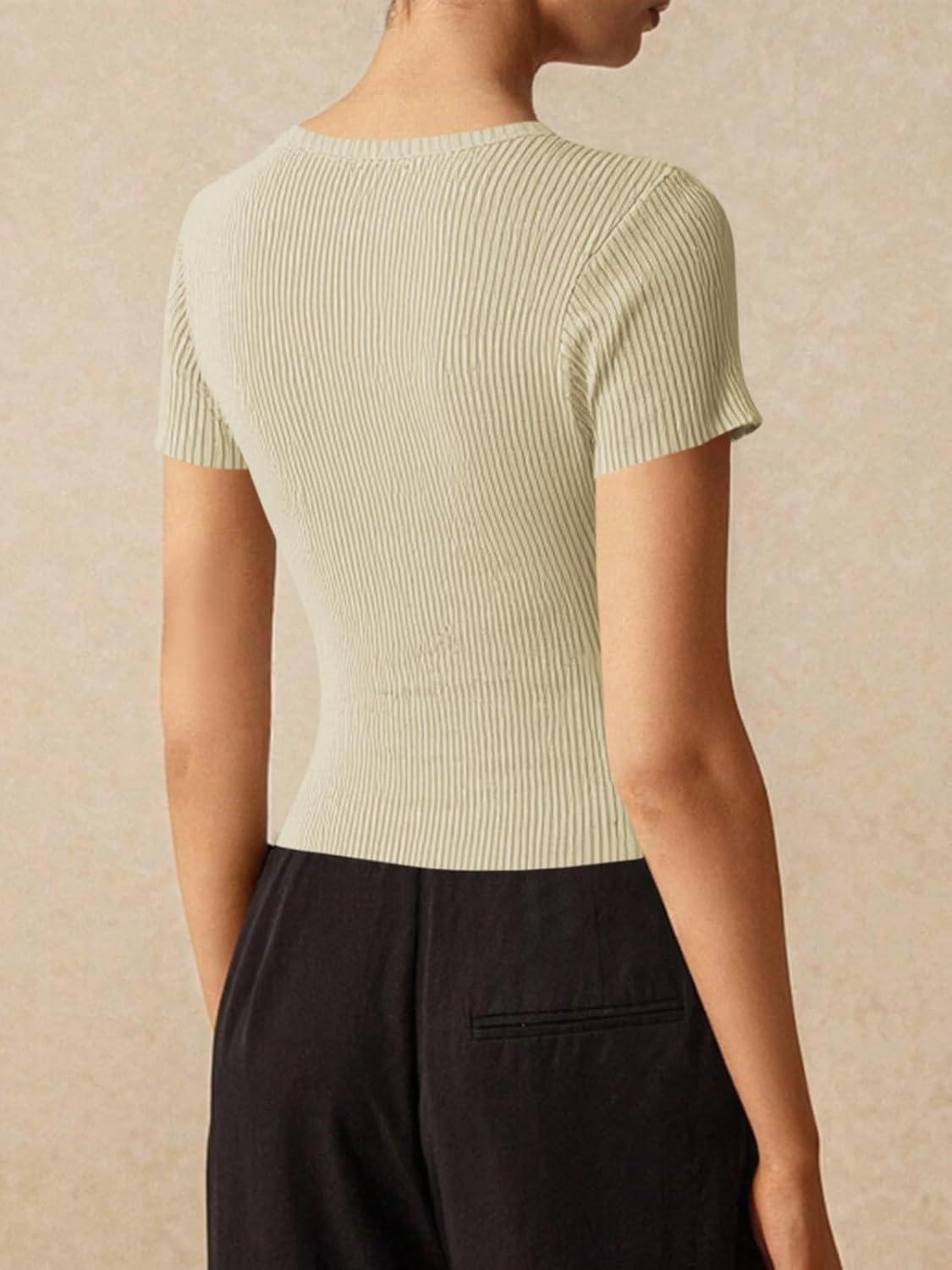 imageImily Bela Womens Short Sleeve Sweater Tops Summer Button Down Casual Ribbed Knit Slim Fit Cropped Cardigan ShirtsApricot