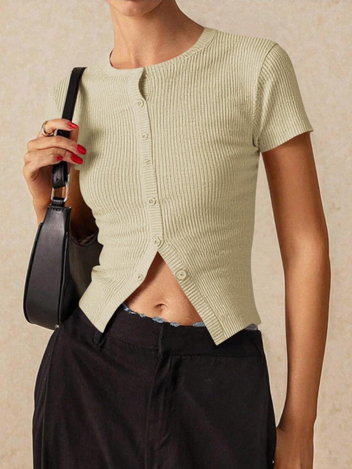 imageImily Bela Womens Short Sleeve Sweater Tops Summer Button Down Casual Ribbed Knit Slim Fit Cropped Cardigan ShirtsApricot