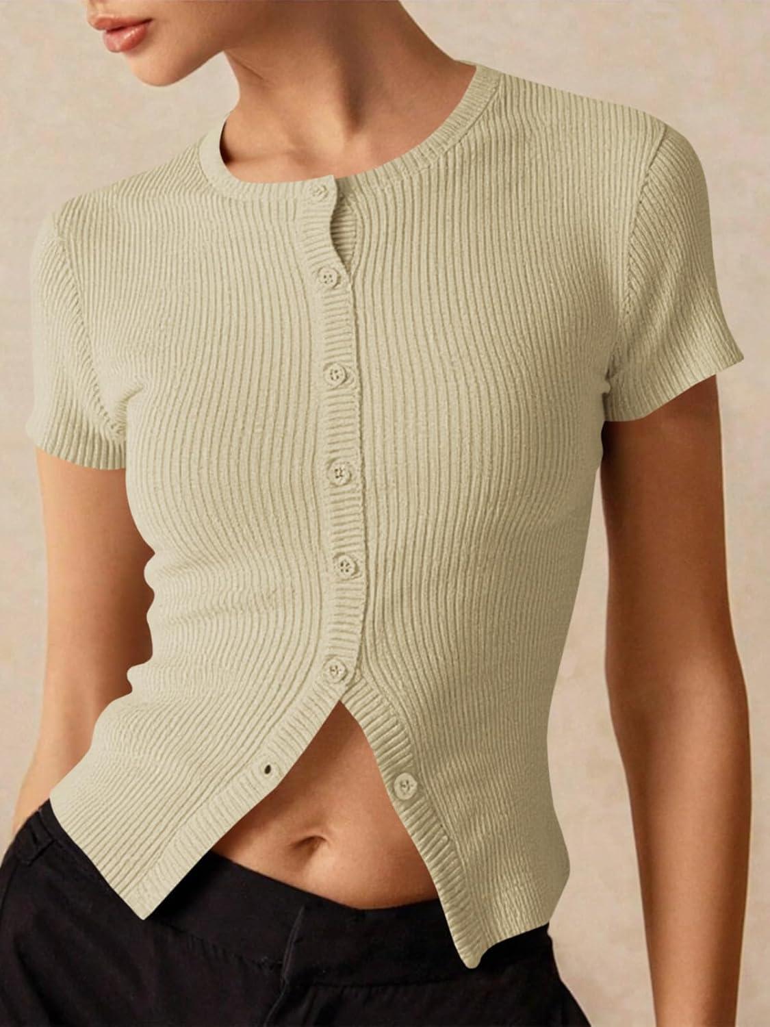 imageImily Bela Womens Short Sleeve Sweater Tops Summer Button Down Casual Ribbed Knit Slim Fit Cropped Cardigan ShirtsApricot