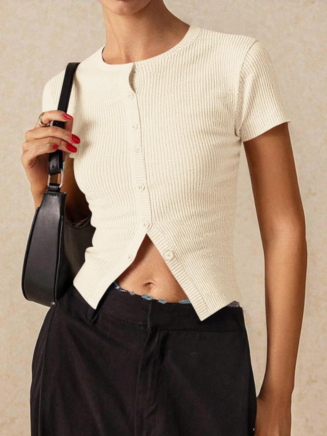 imageImily Bela Womens Short Sleeve Sweater Tops Summer Button Down Casual Ribbed Knit Slim Fit Cropped Cardigan ShirtsBeige