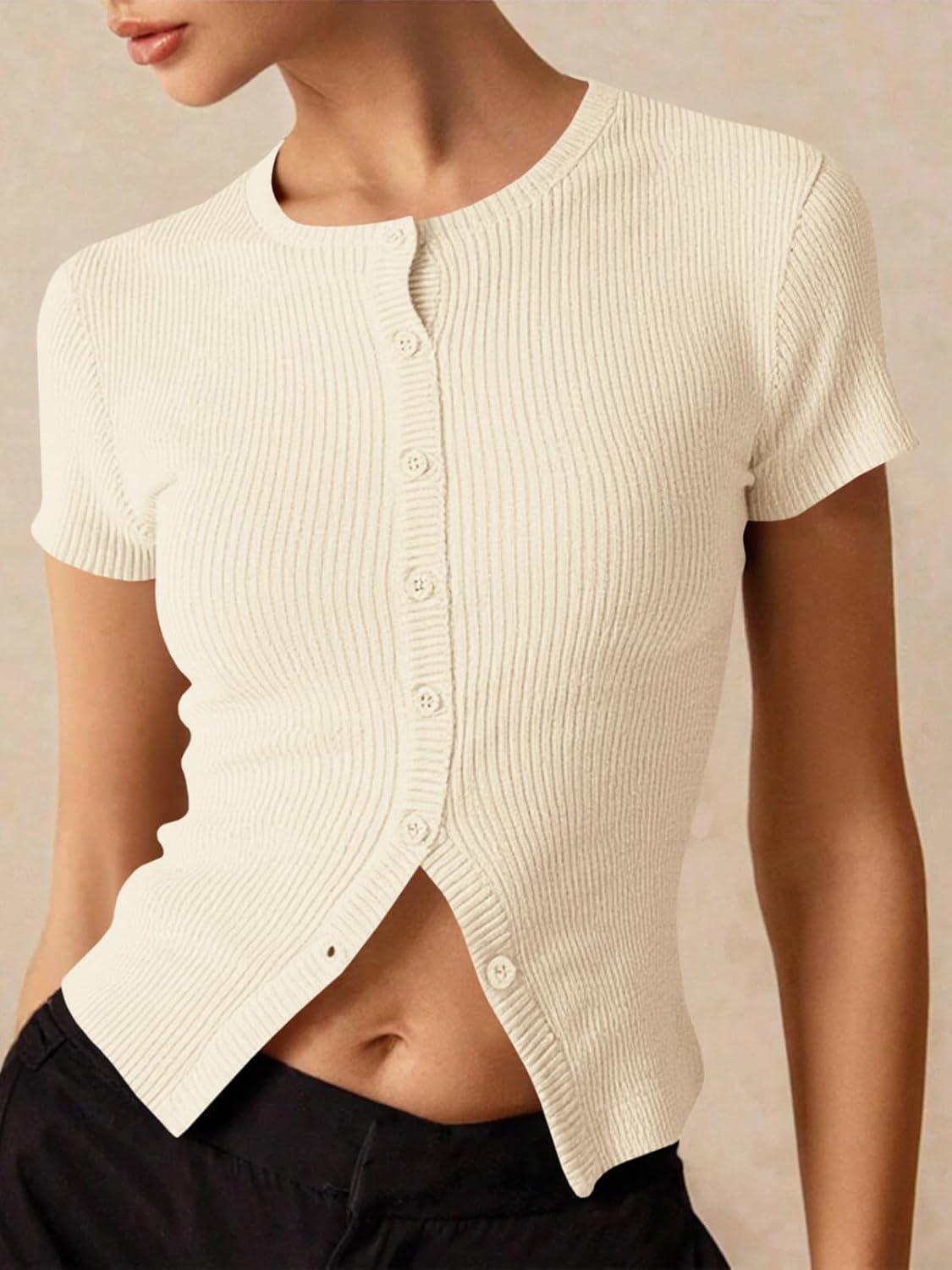 imageImily Bela Womens Short Sleeve Sweater Tops Summer Button Down Casual Ribbed Knit Slim Fit Cropped Cardigan ShirtsBeige