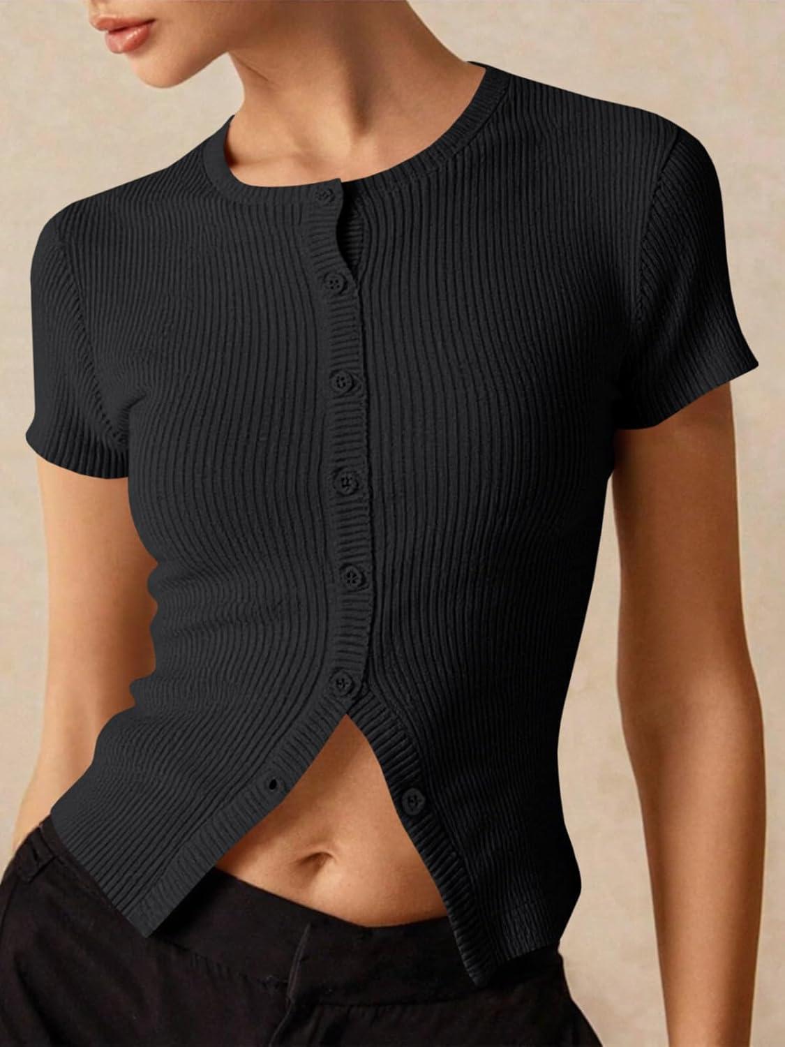 imageImily Bela Womens Short Sleeve Sweater Tops Summer Button Down Casual Ribbed Knit Slim Fit Cropped Cardigan ShirtsBlack