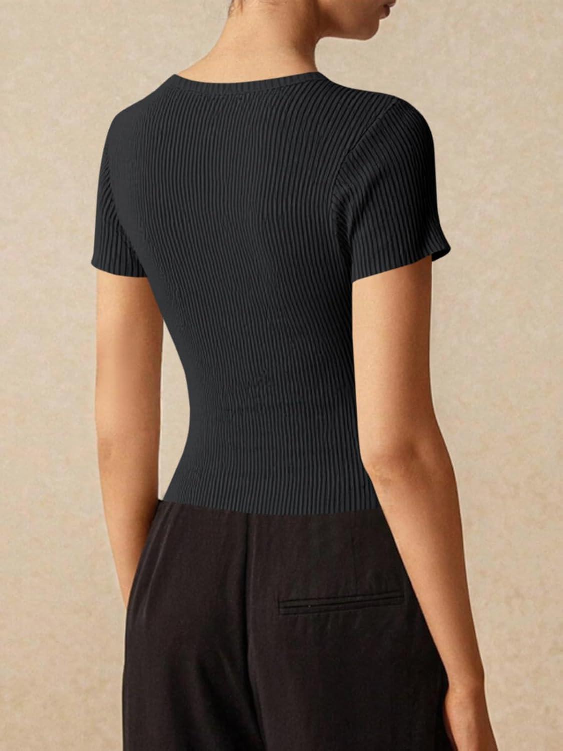 imageImily Bela Womens Short Sleeve Sweater Tops Summer Button Down Casual Ribbed Knit Slim Fit Cropped Cardigan ShirtsBlack