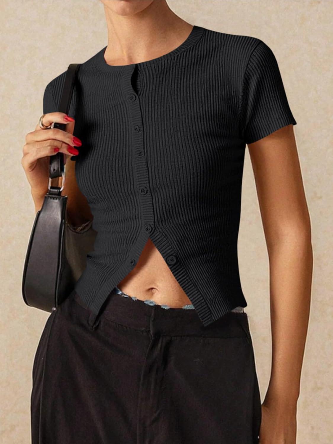 imageImily Bela Womens Short Sleeve Sweater Tops Summer Button Down Casual Ribbed Knit Slim Fit Cropped Cardigan ShirtsBlack