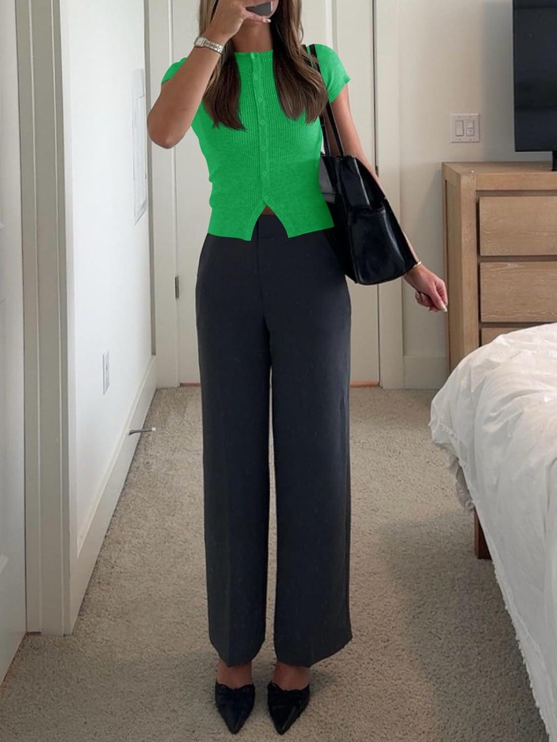 imageImily Bela Womens Short Sleeve Sweater Tops Summer Button Down Casual Ribbed Knit Slim Fit Cropped Cardigan ShirtsGreen
