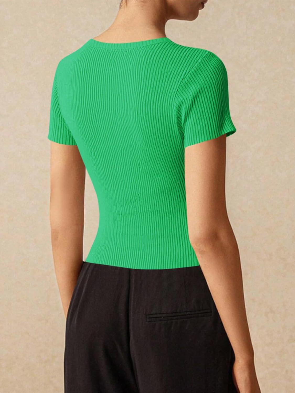 imageImily Bela Womens Short Sleeve Sweater Tops Summer Button Down Casual Ribbed Knit Slim Fit Cropped Cardigan ShirtsGreen