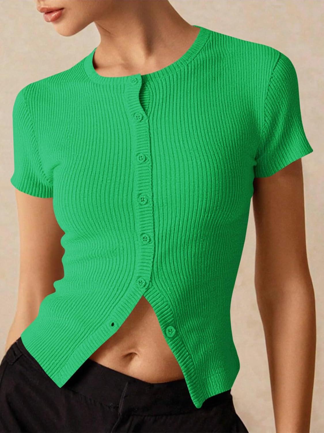imageImily Bela Womens Short Sleeve Sweater Tops Summer Button Down Casual Ribbed Knit Slim Fit Cropped Cardigan ShirtsGreen