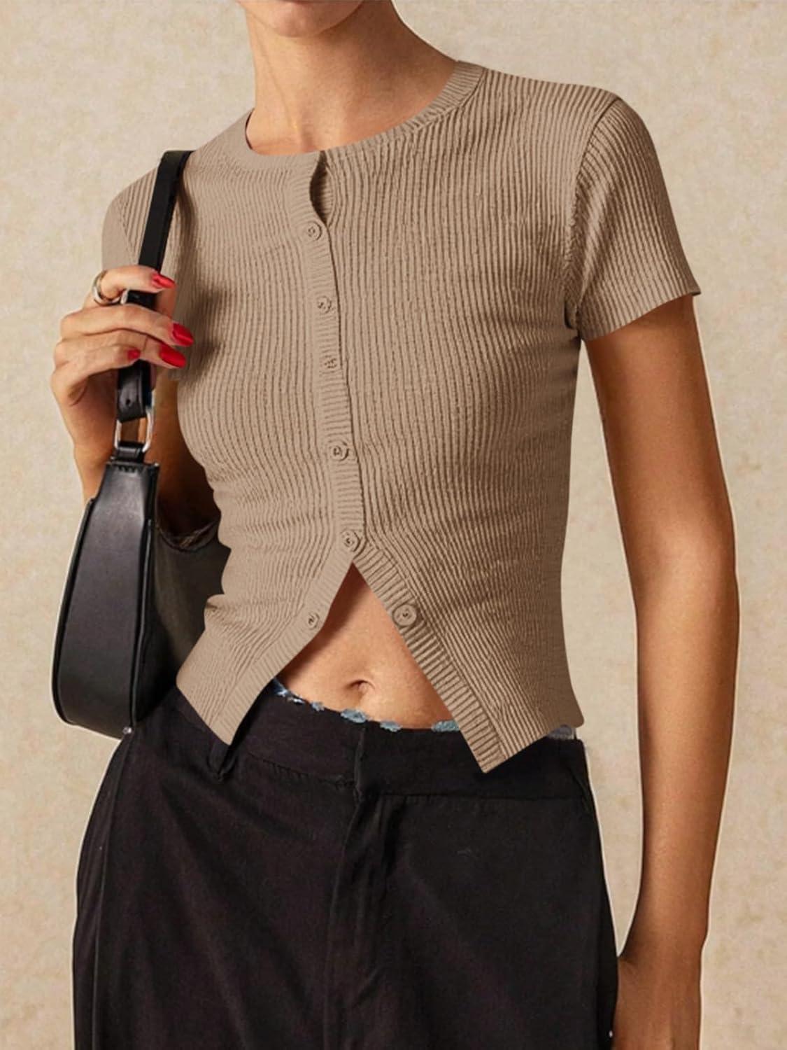 imageImily Bela Womens Short Sleeve Sweater Tops Summer Button Down Casual Ribbed Knit Slim Fit Cropped Cardigan ShirtsKhaki