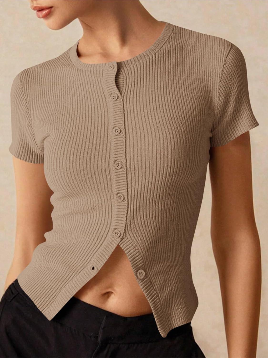 imageImily Bela Womens Short Sleeve Sweater Tops Summer Button Down Casual Ribbed Knit Slim Fit Cropped Cardigan ShirtsKhaki