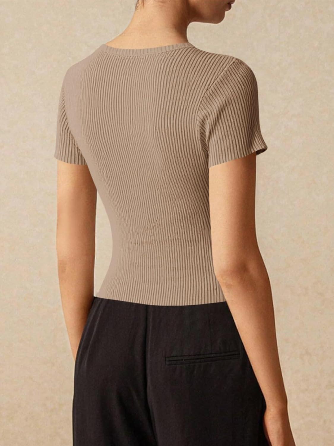 imageImily Bela Womens Short Sleeve Sweater Tops Summer Button Down Casual Ribbed Knit Slim Fit Cropped Cardigan ShirtsKhaki