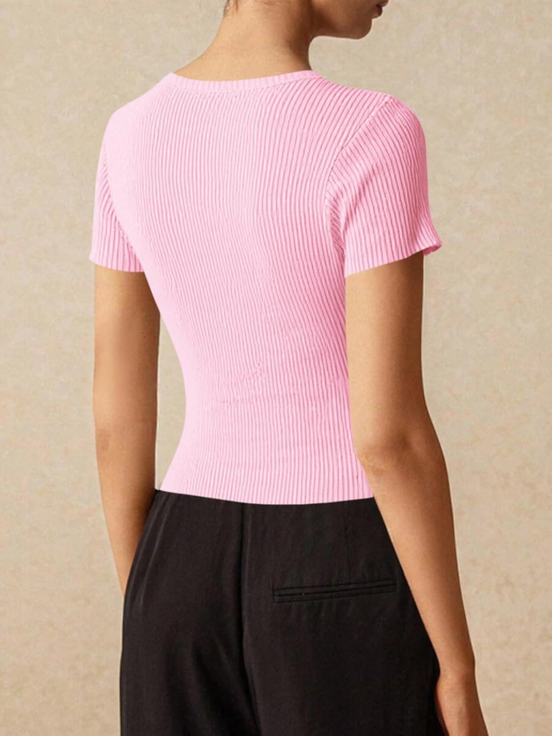 imageImily Bela Womens Short Sleeve Sweater Tops Summer Button Down Casual Ribbed Knit Slim Fit Cropped Cardigan ShirtsLight Pink